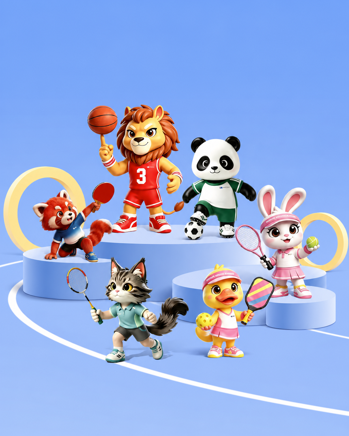周浦体育中心六位体育吉祥物：篮球狮子、足球熊猫、乒乓球小熊猫、网球兔子、羽毛球猫咪与匹克球小鸭